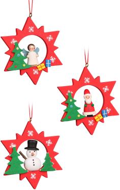 10-0895 - Christian Ulbricht Ornament - Assorted Red Stars with Snowman/Santa/Angel- set 6 - 3\H x 2.5\W x .75\D