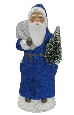 2521 - Schaller Paper Mache Candy Container - Blue Glitter Santa - 8\H x 3.5\W x 3.25\D