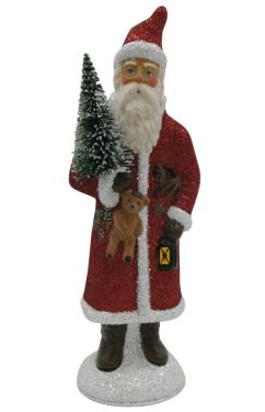 25345 - Schaller Paper Mache Figurine - Red Glitter Santa with Lantern - 13\H x 4.5\W x 4\D