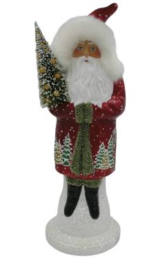 2544 - Schaller Paper Mache Candy Container - Dark Red Santa with Tree Scene - 18.25\H x 7.25\W x 7.25\D